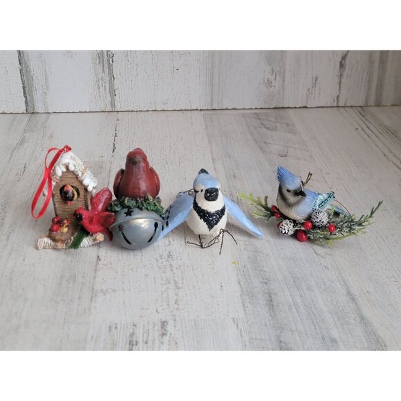 Red cardinal blue jay set ornament Xmas bell - Picture 1 of 5